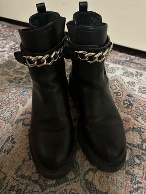 Black Faux Leather Boots with Chain Accent
